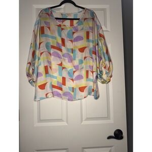Hailey And Co Geometric Print Balloon Sleeve Satin Blouse Multicolor 2x
